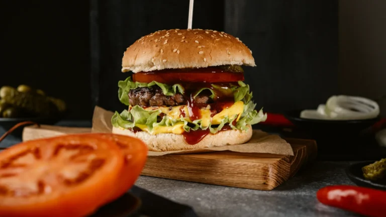 Un hamburger con pane ai semi di sesamo, lattuga, pomodoro e salse su un tagliere di legno