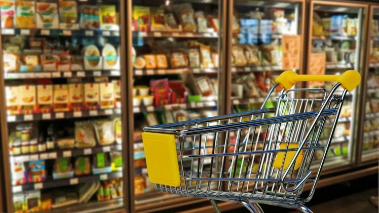 Carrello della spesa giocattolo davanti ai banchi frigo di un supermercato pieni di prodotti confezionati